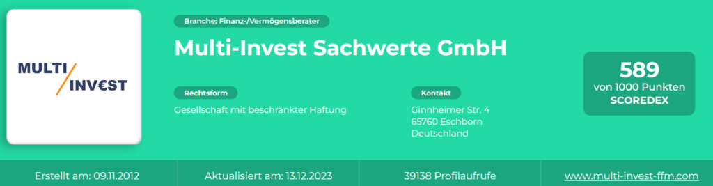 Multi-Invest Sachwerte GmbH - Scoredex Bewertung